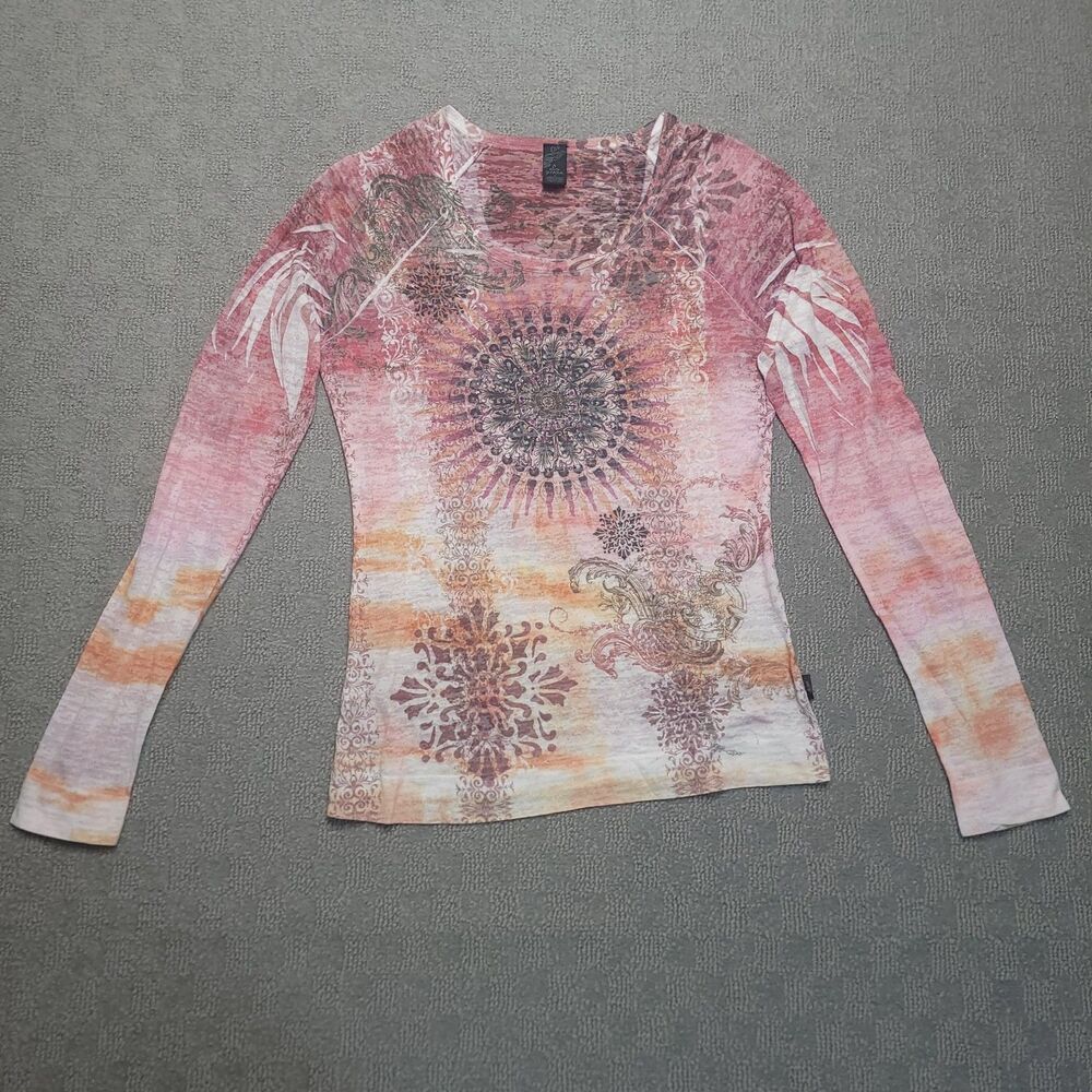 PrAna Rapture Womens M Top Long Sleeve Boho Shirt Wide Collar Vibrant Print USA - Picture 4 of 10